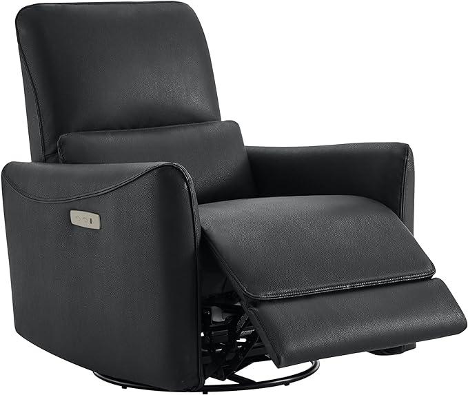 A sleek black leather recliner with a gentle rocking motion, perfect for relaxing in style and comfort.