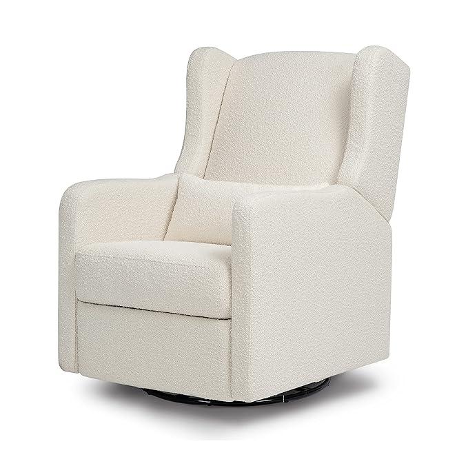 A stylish ivory boucle recliner with a smooth gliding and swiveling motion, perfect for nurseries and living rooms.