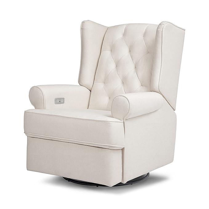 A modern cream-colored power recliner with a swiveling base and gliding motion, featuring built-in heat and massage functions.